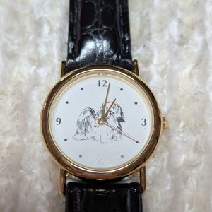 Gold-Tone Maltese Dog Watch with Black Leather Strap